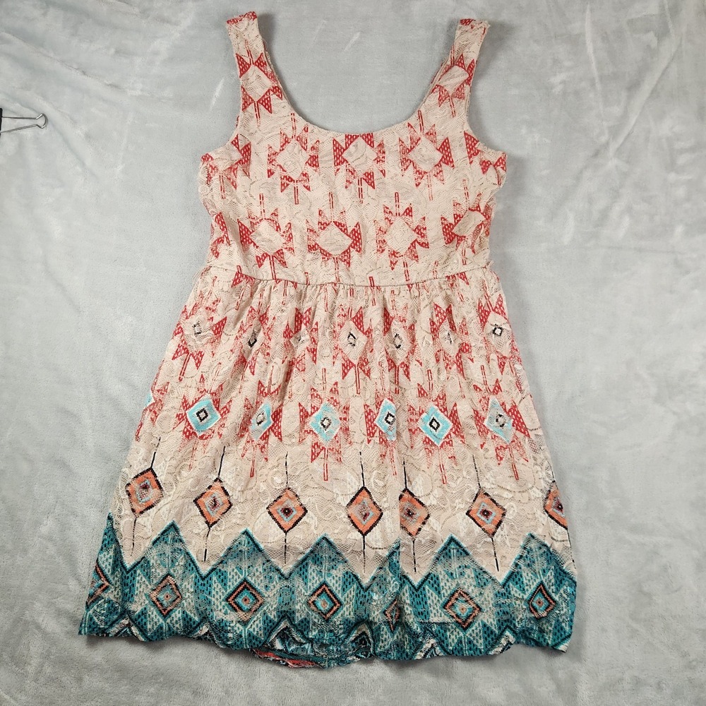 As U Wish Tribal Aztec Lace Over Lay Mini Dress L Boho Festival Y2K Coquette